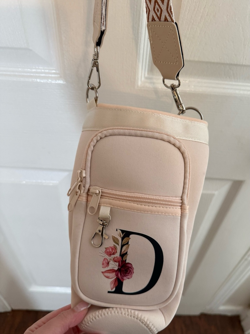 Initial D Floral Accent Fits 40oz Tumbler w Handle Crossbody Bag - Cream
